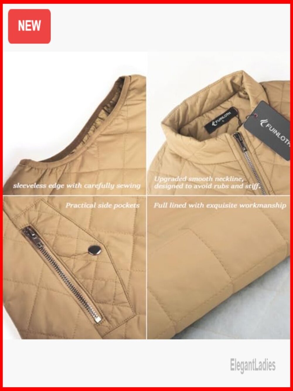 Lightweight Quilted Puffer Vest with 4 Pockets, Stand Collar, Zip Closure - Picture 5 of 7